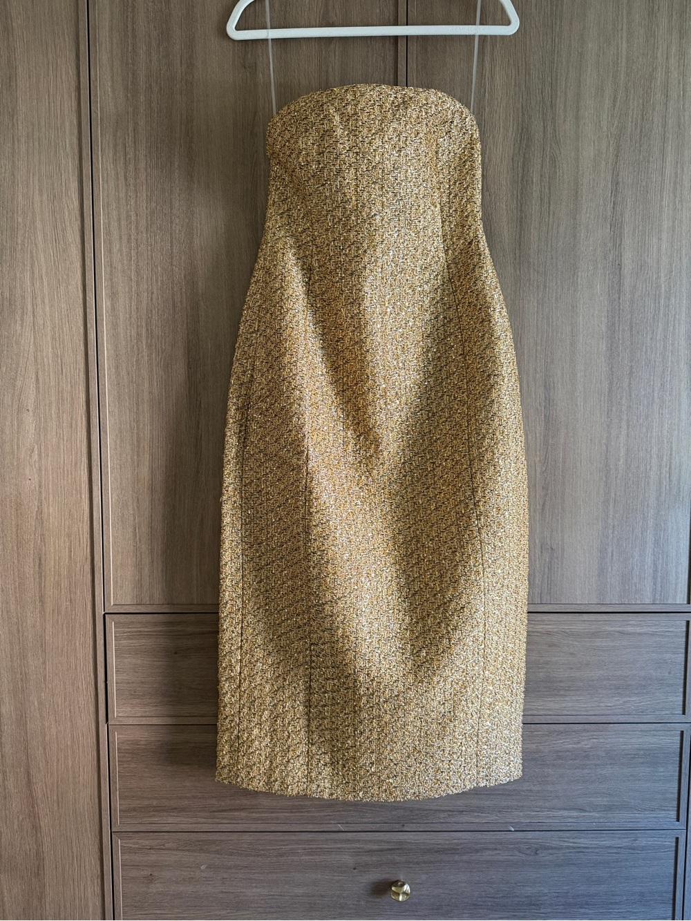 New Meshki Strapless Gold Sequin Midi Dress - Picture 2 of 7